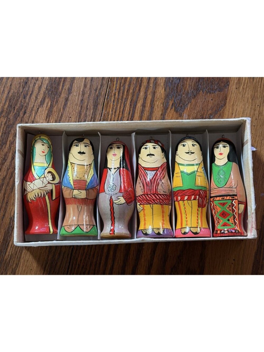 Box of 6 Vintage Wooden Russian Christmas Ornaments‎ Hand Painted in orig. box
